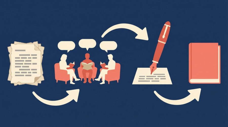 Flat illustration showing beta readers before editing in the self-publishing sequence: manuscript, beta readers, editing pen, finished book
