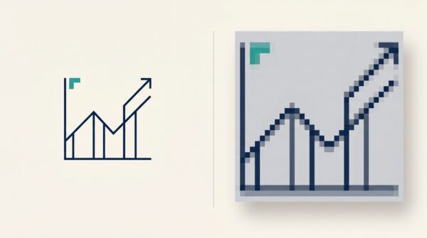 A crisp vector line chart beside the same chart enlarged into blocky pixels, showing why text in images prints blurry