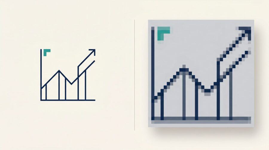A crisp vector line chart beside the same chart enlarged into blocky pixels, showing why text in images prints blurry
