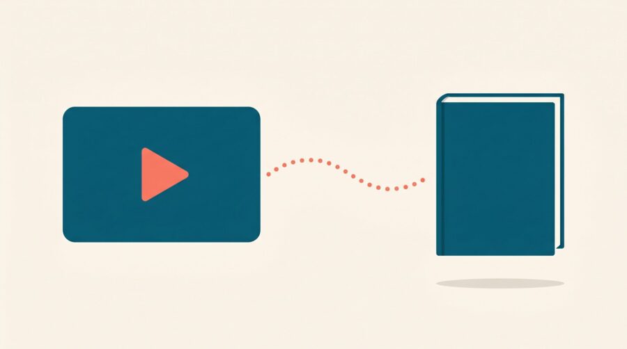 Illustration of a video player with a play button linked by a dotted timeline to a book, showing when to release your book trailer