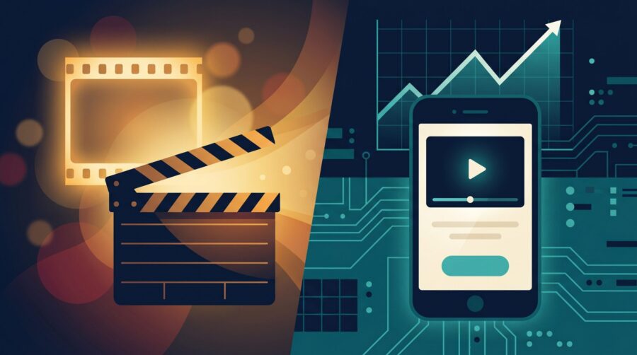 Book trailer vs video ad: a film clapperboard on the left representing a storytelling trailer and a smartphone with a rising graph on the right representing a paid video ad