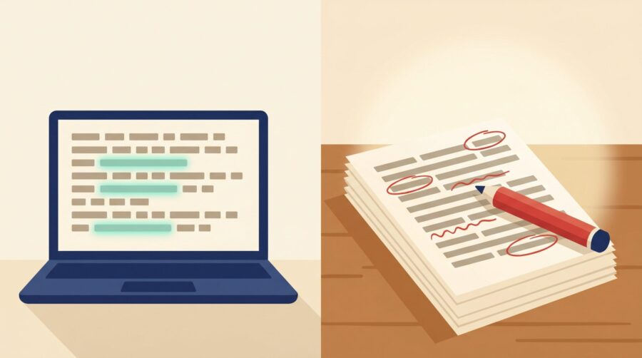 Illustration comparing AI book editing on a laptop screen with a professional editor’s marked-up printed manuscript