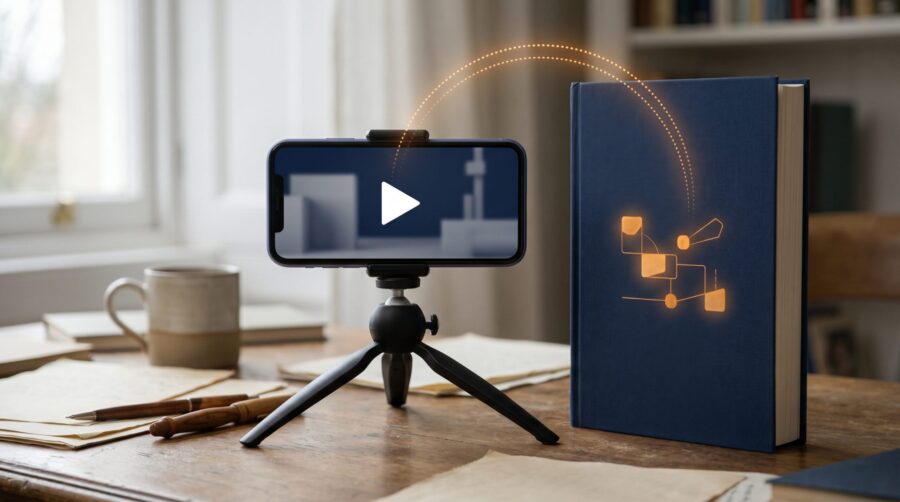 Smartphone on a tripod playing a book trailer beside a hardcover book, illustrating whether book trailers sell books
