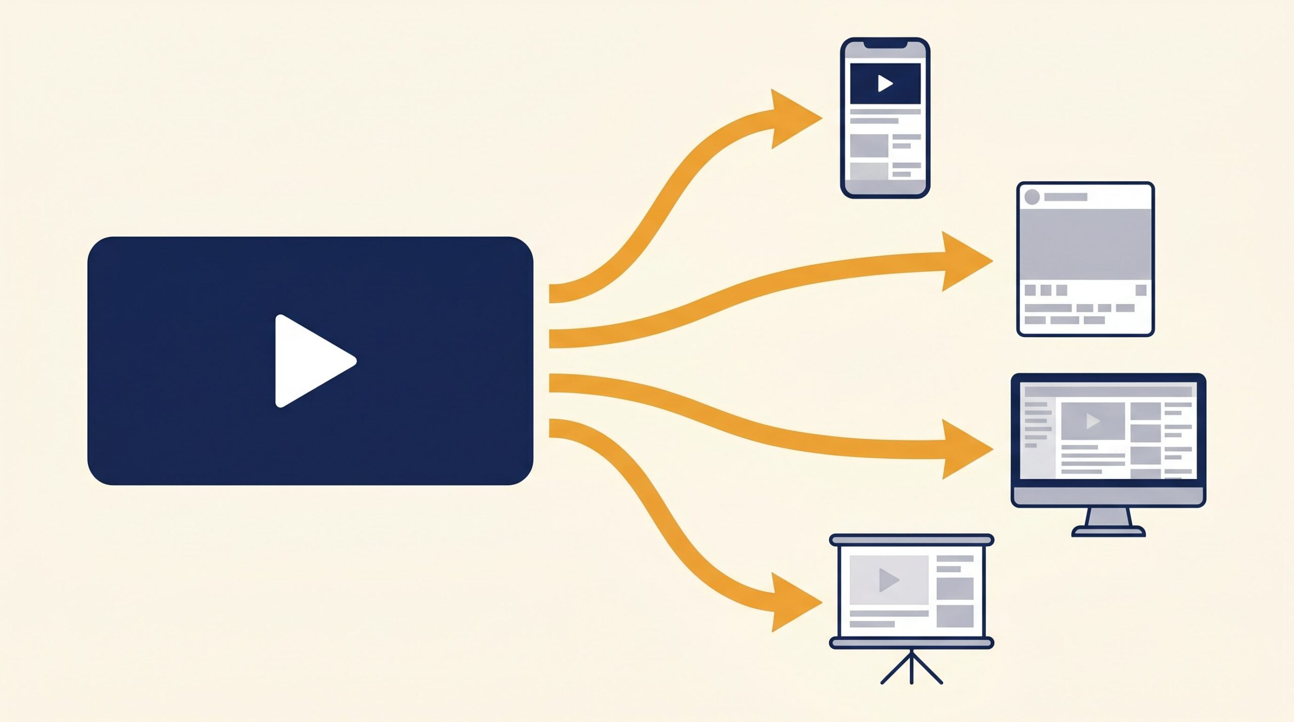 Diagram showing one book trailer reused across a phone, a social media post, a website, and an event screen