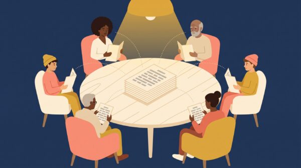 Illustration of six diverse beta readers around a table reading copies of one manuscript, showing how authors find beta readers