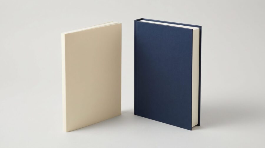 Hardcover vs paperback: a cream paperback and a navy hardcover standing side by side, showing the rigid board overhang