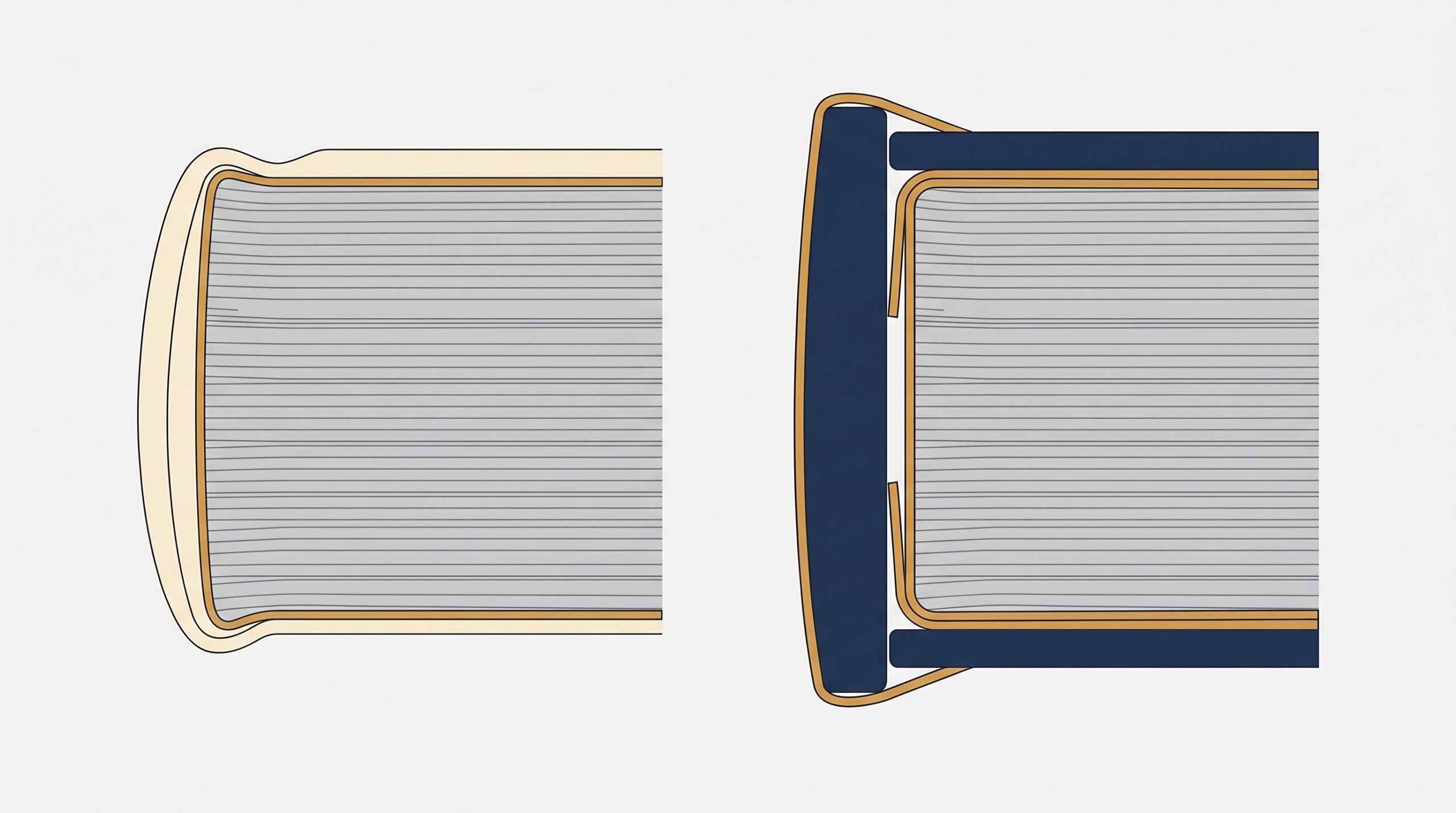 Cutaway diagram of hardcover vs paperback spine construction: a flexible card cover glued to the pages, next to rigid boards with a wrap fold and hinge gap