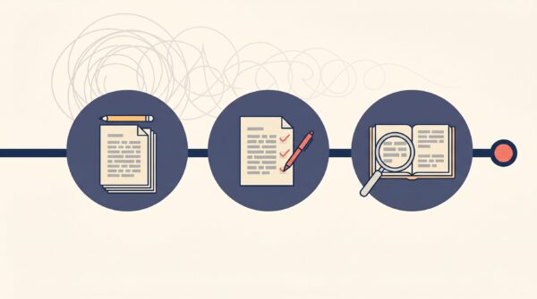 Illustration of three rounds of editing: a self-edited manuscript stack, a copy-edited page with red pen marks, and a proofread of the finished book