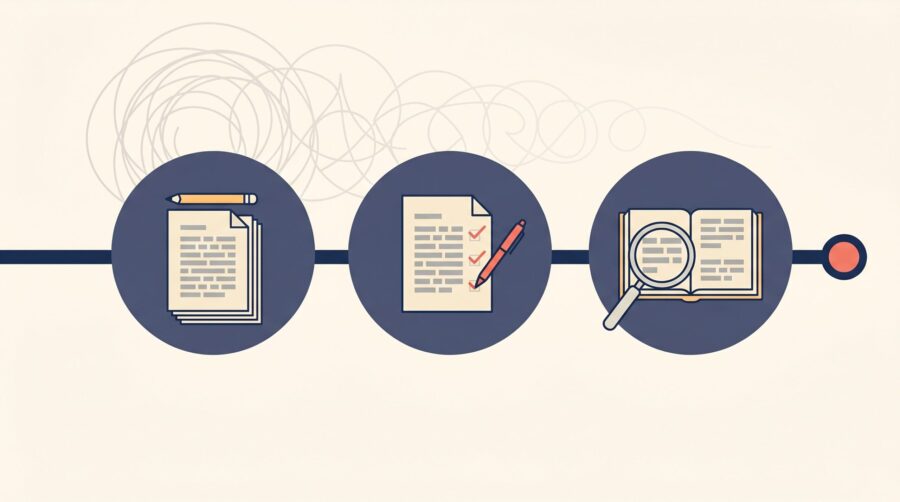 Illustration of three rounds of editing: a self-edited manuscript stack, a copy-edited page with red pen marks, and a proofread of the finished book