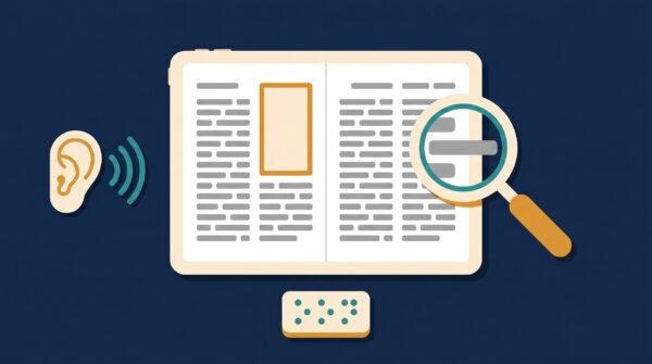 Illustration of an accessible ebook on a tablet with an ear and sound waves for text-to-speech, a magnifying glass enlarging text, and a braille display