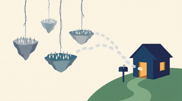 Illustration of readers on floating platforms sending letters to an author's own home base, showing why you should own your author audience