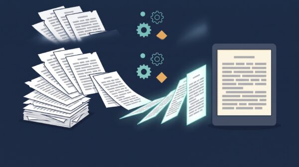 Illustration of an ebook formatter turning a messy manuscript stack into a clean ebook on an e-reader