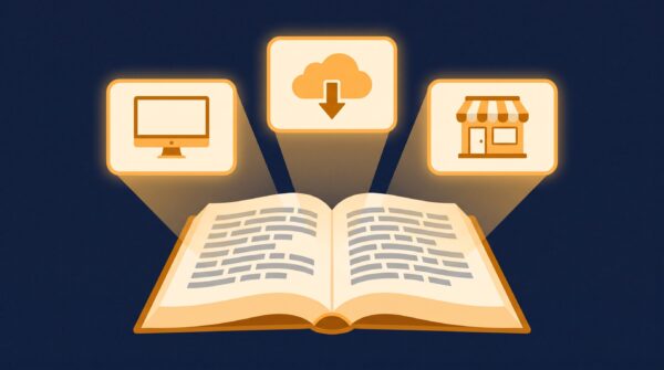 Illustration of three sources of fonts for your book: computer system fonts, online font libraries, and font foundries, all feeding an open book