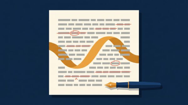 Illustration of an edited manuscript page with an unbroken amber ribbon flowing through the text, showing that editing should not change your voice