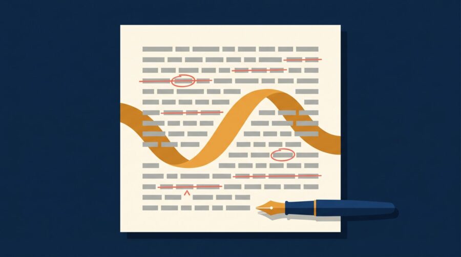 Illustration of an edited manuscript page with an unbroken amber ribbon flowing through the text, showing that editing should not change your voice