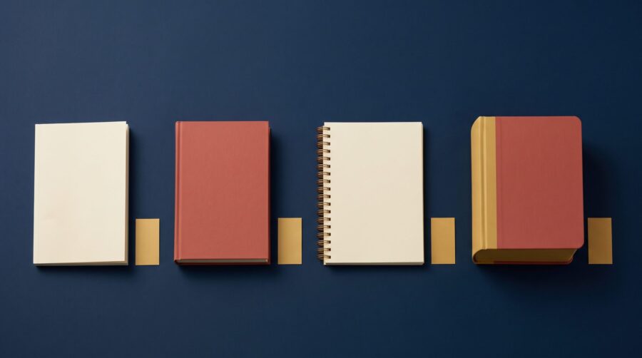 Four differently bound books in a row with blank tags beside them, representing Amazon book format labels
