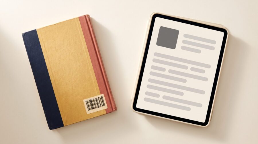 ASIN vs ISBN: a print book back cover barcode beside an Amazon product listing on a tablet