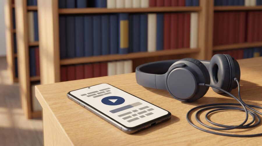 Smartphone playing an audiobook beside headphones on a library desk, illustrating audiobook distribution to libraries