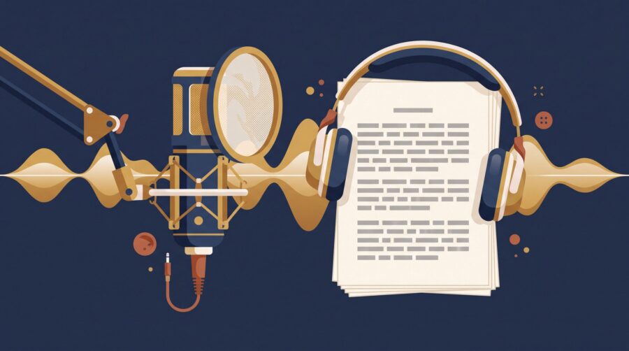 Studio microphone, headphones and manuscript pages with a gold waveform, representing an audiobook production service at work