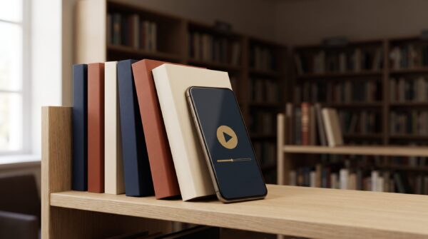 Blank audiobook cases and a smartphone showing a play button on a library shelf, illustrating audiobook Public Lending Right payments