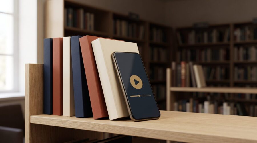 Blank audiobook cases and a smartphone showing a play button on a library shelf, illustrating audiobook Public Lending Right payments