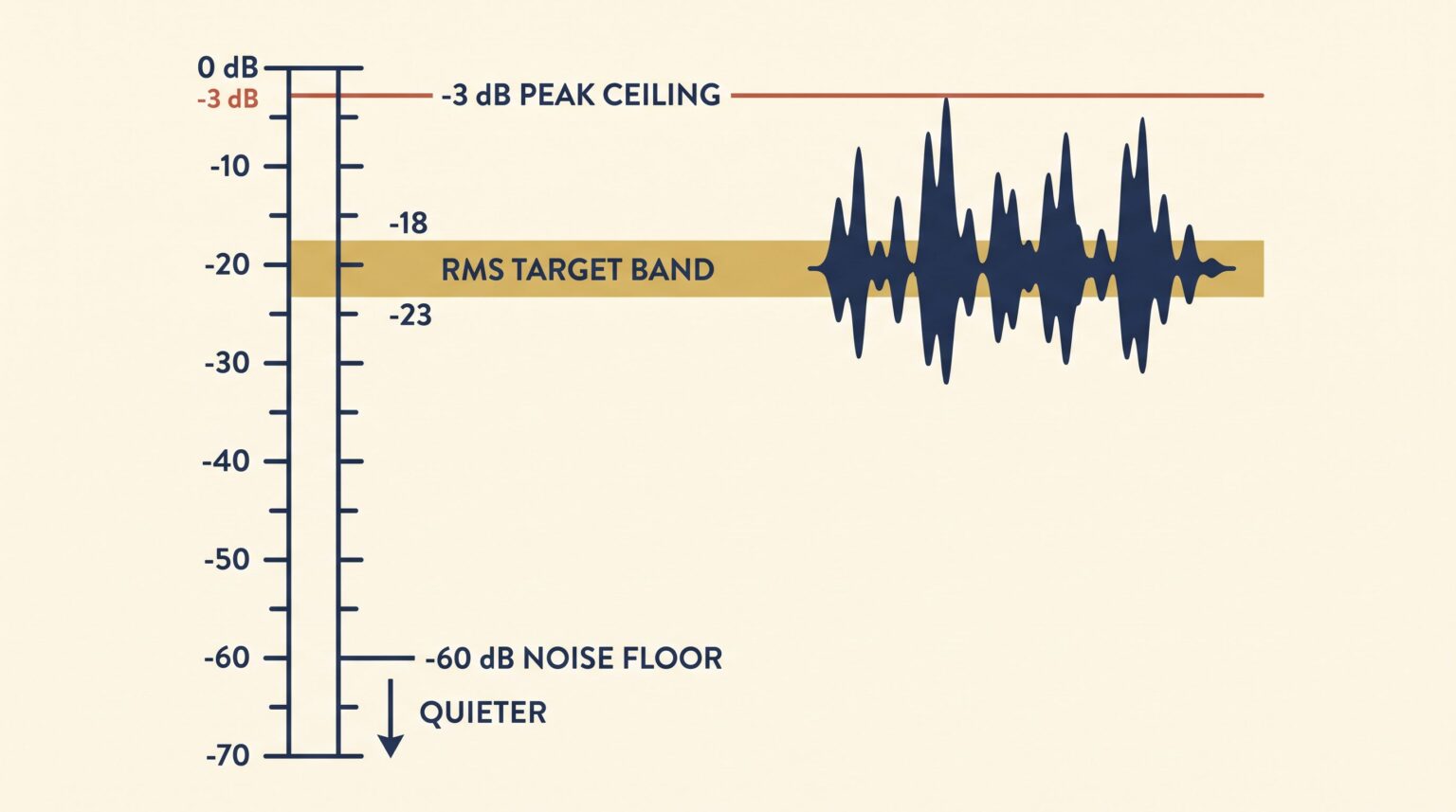 Diagram of the audio levels ACX checks on a decibel scale: peaks below -3 dB, average loudness in the -18 to -23 dB RMS target band, and noise floor below -60 dB RMS