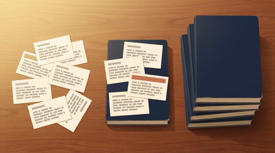 Desk with a stack of advance review copies, a small group of selected ARC reader applications resting on a book, and a larger pile of declined applications set aside
