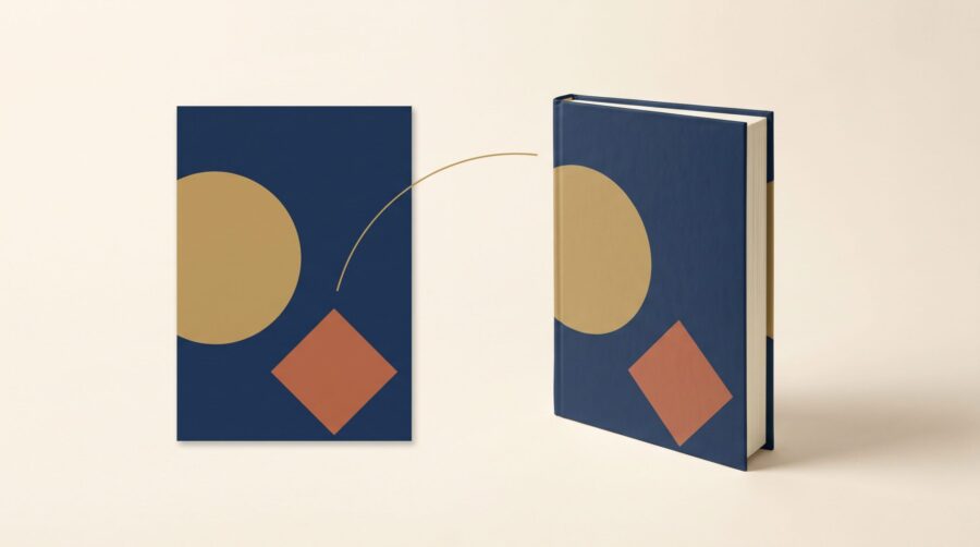 Flat book cover artwork transforming into a realistic standing 3D book mockup