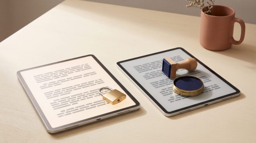 Ebook DRM concept: an e-reader with a closed brass padlock resting on its screen beside a second e-reader with a rubber stamp and ink pad