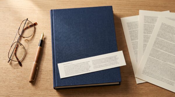 Printed review quotation slip resting on a navy hardback book beside loose review sheets, illustrating paid editorial reviews