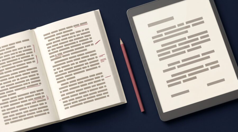 Open print proof marked with red corrections beside an e-reader showing the same book, illustrating why you proofread the EPUB as well as the print PDF
