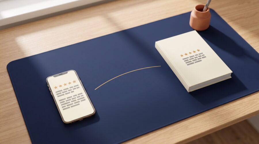 A phone showing a reader review and a paperback back cover carrying the same quote, illustrating when you can quote reader reviews in book marketing