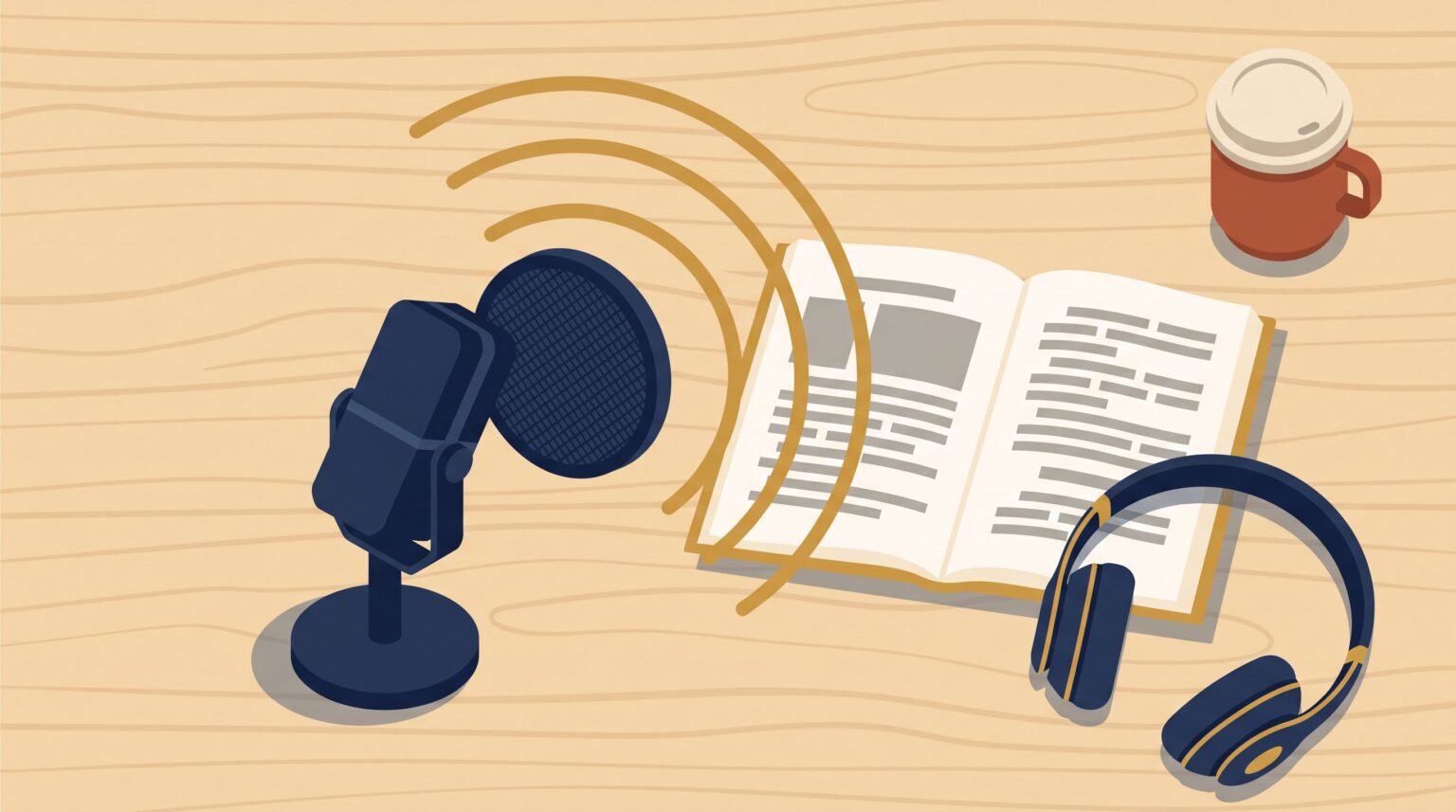 A studio microphone beside an open book, with sound arcs travelling between them