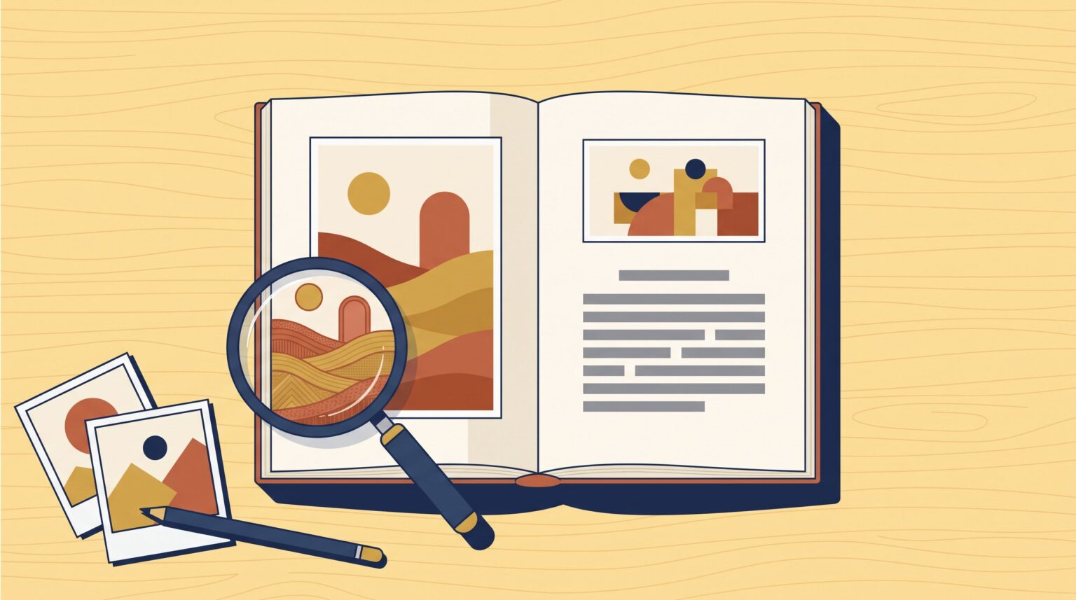 An open picture book with a magnifier over one illustration, showing the difference in sharpness