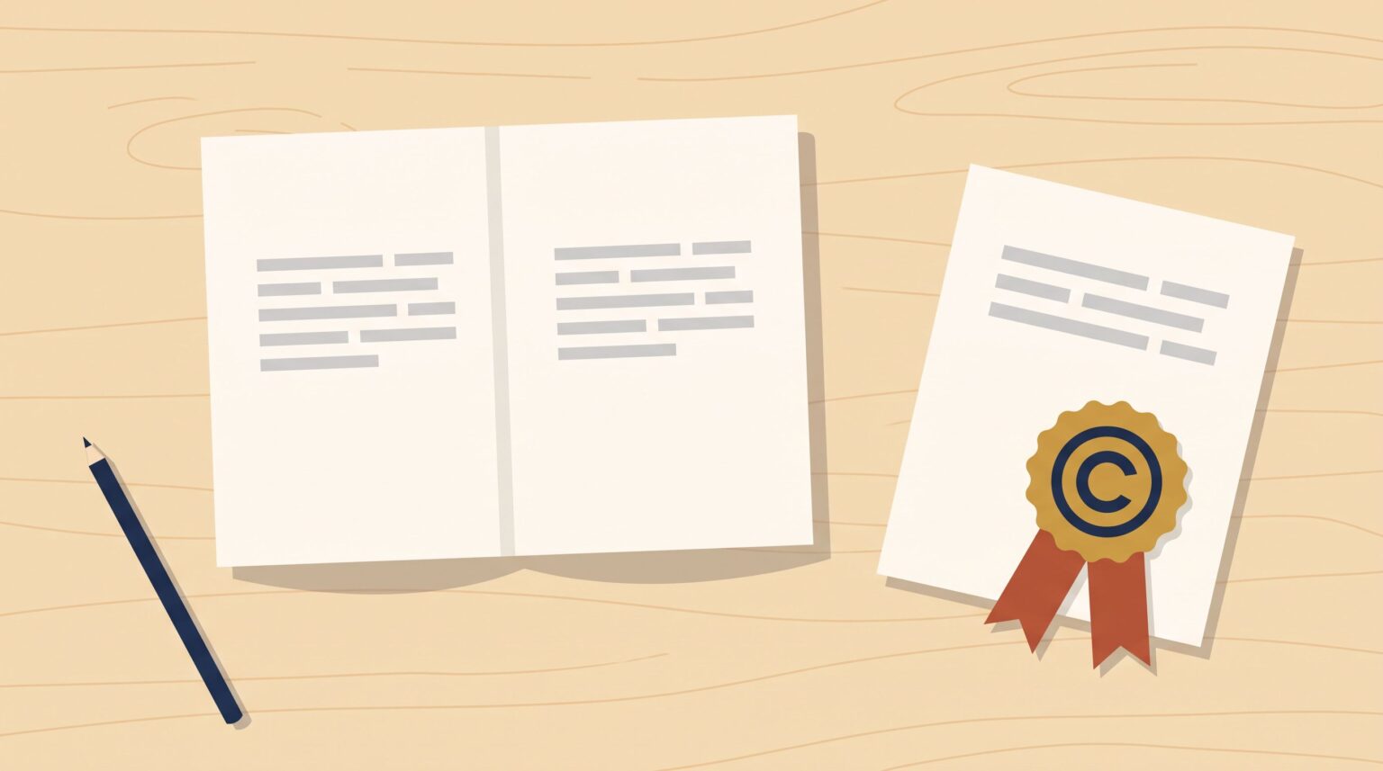 An open book beside a certificate carrying a gold seal with a copyright symbol and two ribbon tails