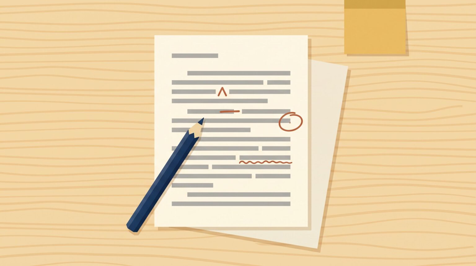 A manuscript page marked with editorial proof corrections, a pencil lying across it