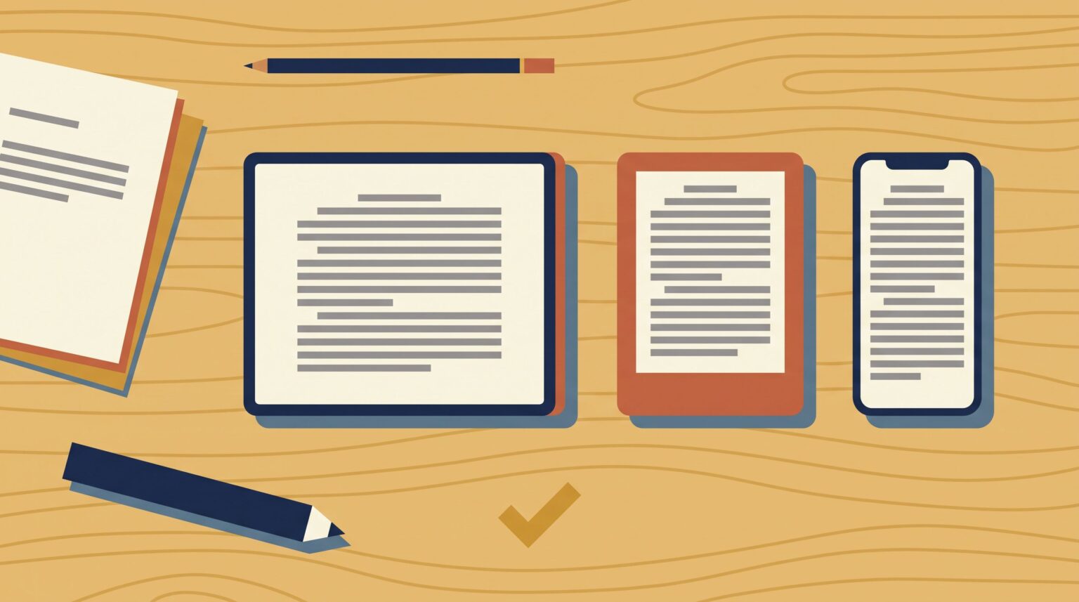 The same ebook page shown on a tablet, an e-reader and a phone, reflowing to each screen width