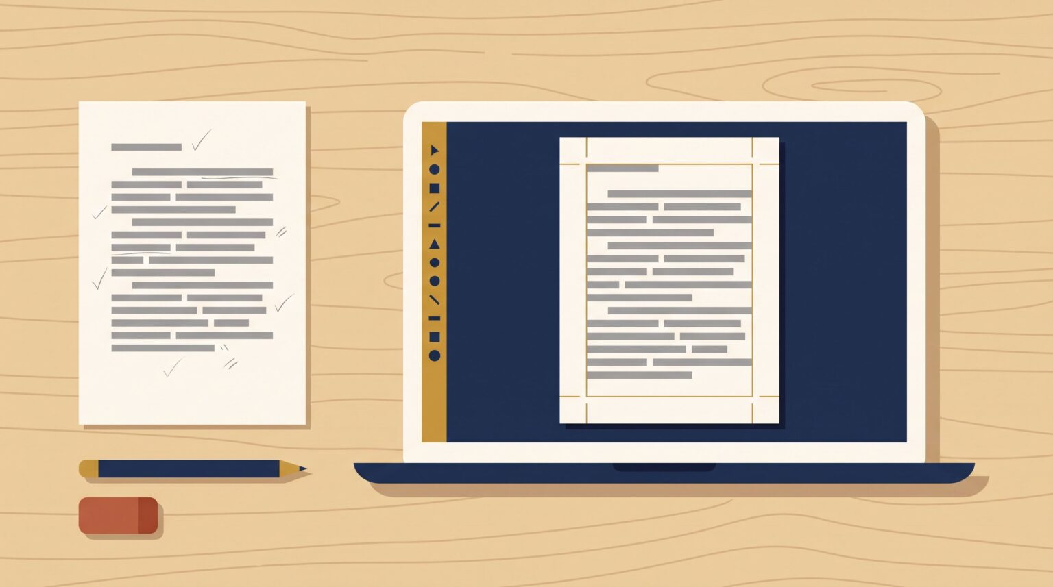 A laptop showing a page-layout workspace beside a printed proof page