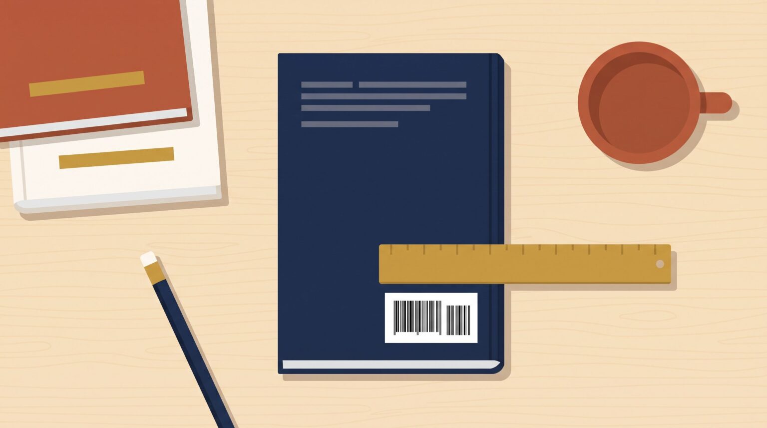 The back cover of a navy paperback showing the barcode block, with a ruler across it and two paperbacks stacked alongside