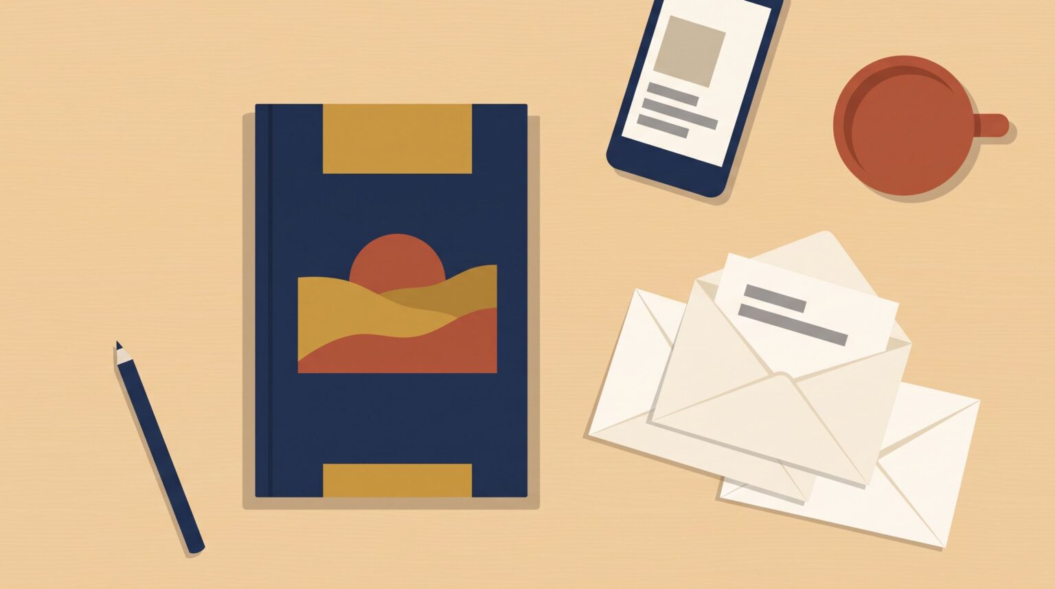 A book cover beside a fanned stack of envelopes and a phone showing a post