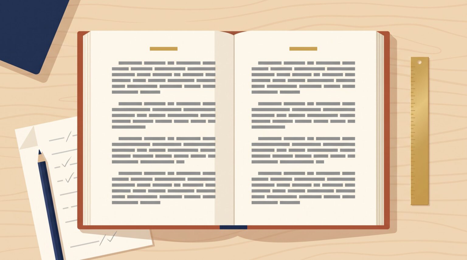 An open book with wide inner margins and a ruler against the outer margin, beside a marked proof page