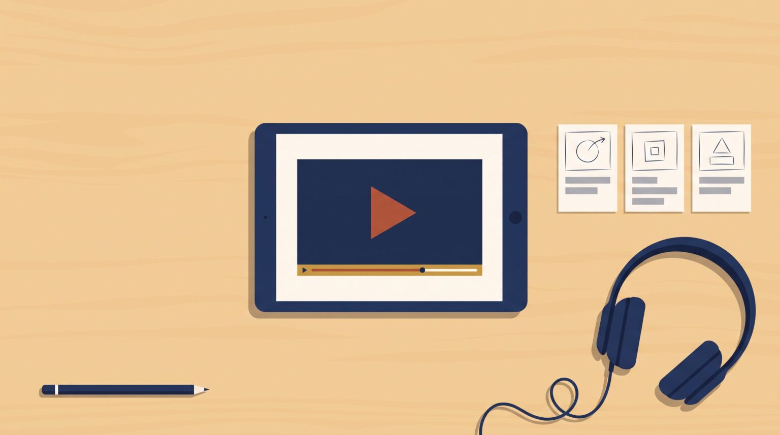 A tablet showing a paused book trailer, with storyboard cards and headphones on a desk